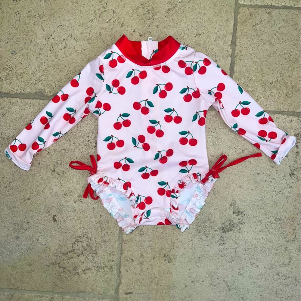 Besser Bay ruffle cherry print rash guard swimsuit